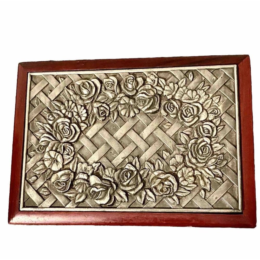 Vintage Wooden and Pewter Inlay Trinket Jewelry Box 7x5x3 Inches Felt Lined